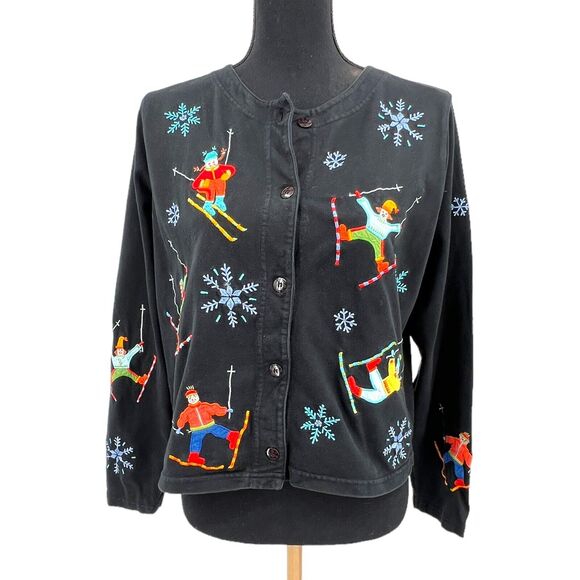 Michael Simon‎ Cardigan Womens Black Embroidered Winter Skiing Snowflake Sweater - Picture 1 of 8